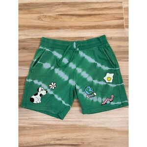 A-Lab Mens Green Tie Dye Graphic Sweat Shorts Dog Egg Flower Size Small